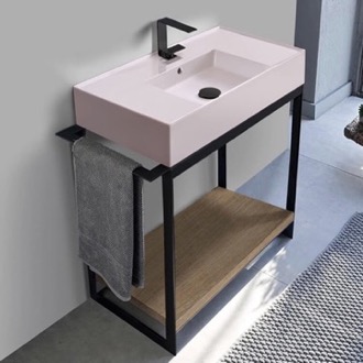 Console Bathroom Vanity Pink Sink Bathroom Vanity, Floor Standing, Natural Brown Oak, Modern, 35
